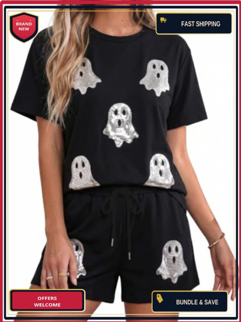 Sequin Ghost 2 Piece Loungewear Set Short Sleeve Tee Drawstring Shorts
